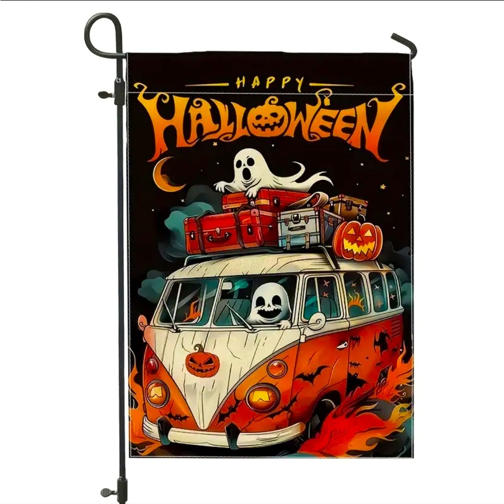 Happy Halloween Ghost Van Garden Flag 12x18-NEW